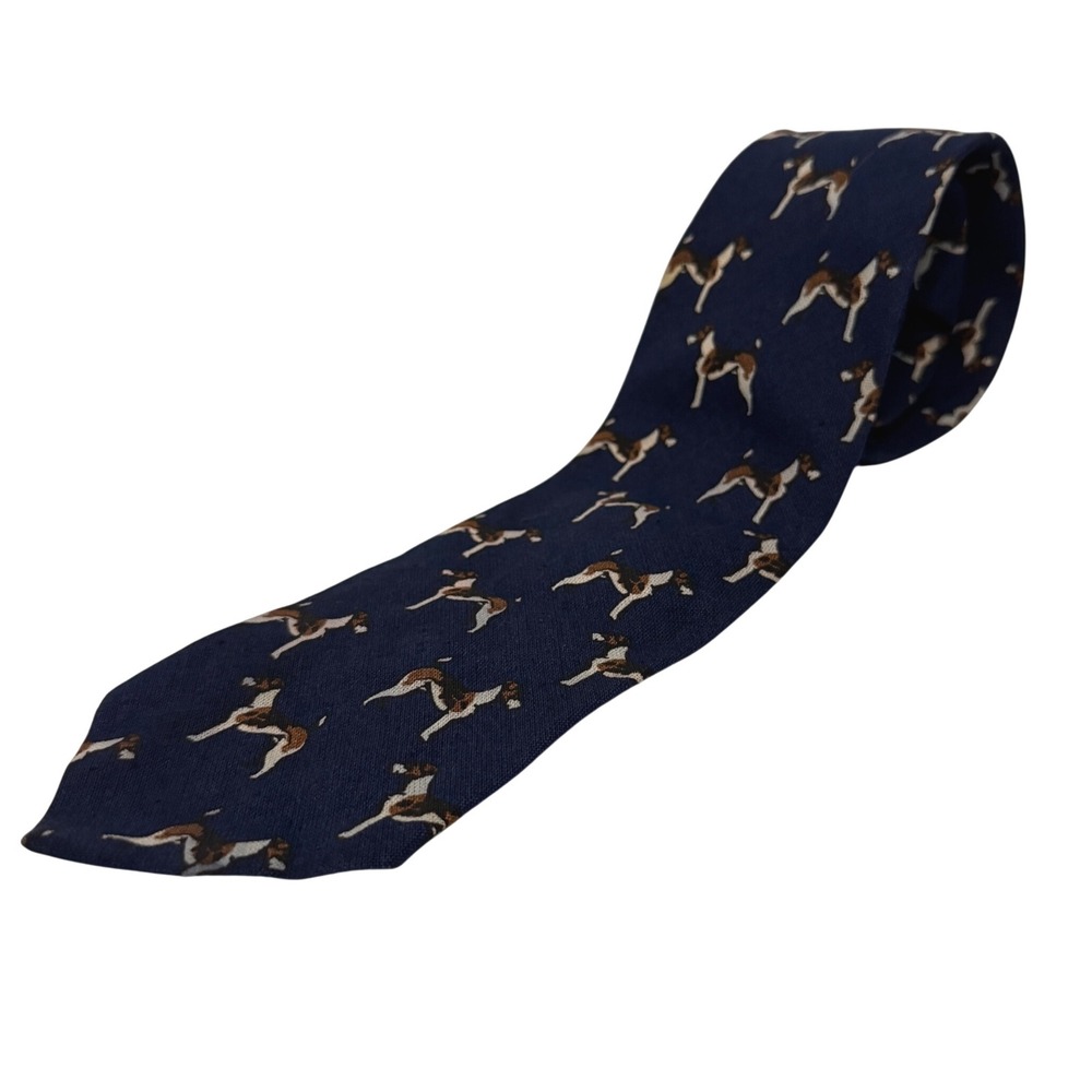 Polo Ralph Lauren Necktie Navy Blue Dog Print 100% Linen Tie Handmade in USA - Picture 1 of 8